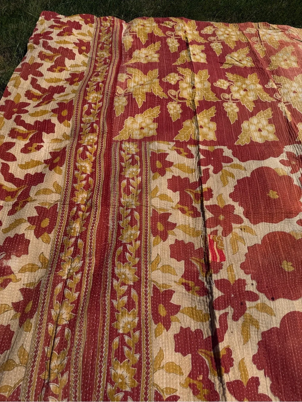 Vintage Indian Kantha Quilt Reversible Floral Sari Blanket Rust Blue Gold Boho